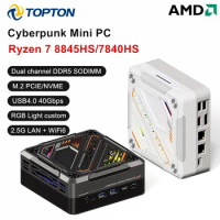 TOPTON Cyberpunk Mini PC AMD Ryzen 7 8845HS 7840HS 7735HS RGB Light DDR5 2.5G LAN USB4.0 Mini Gamer PC Computer 8K NUC WiFi6