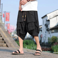Japanese Samurai Shorts Mens Summer Ice Silk Thin Large Pocket Harem Wide Leg Pants Men's Haori Loose Hip Hop Trousers Plus Size