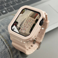 Cute Pink Shockproof Bumper Sport Strap + Case For Apple Watch Band 44 40 45 41 38 42 MM Bracelet For iWatch 9 8 SE 7 6 Girl