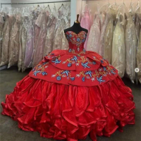 Luxury Burgundy Ruffels Embroidery Mexican Ball Gown Quinceanera Dress Tulle Off The Shoulder Sweet 15 Dress Vestidos De 15 Años