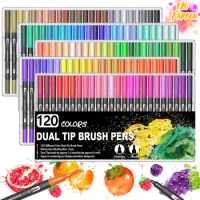 48 72 100 120 Colour Felt Tip Drawing Watercolor Art Markers Pen,Dual Brush Fineliner Colouring Pen Set for Calligraphy Painting