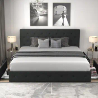 Allewie Upholstered King Size Platform Bed Frame with 4 Storage Drawers and Headboard, Diamond Stitched Button Tufted