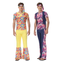 Men Retro 60s 70s Hippie Costume Outfit Halloween Carnival Party Disco Cosplay Fancy Dress