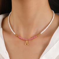 Simple pink millet beads necklace with 26 initials fashion birthday couple gifts