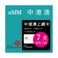 【citimobi】eSIM中港澳7天吃到飽1GB日高速流量(中國網卡 吃到飽 免翻牆 中國 香港 澳門 eSIM 中國聯通)