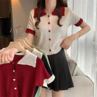 เก็บเงินปลายทาง. Yiyi Shop Women's T-Shirt, Knit Shirt, Collar, Short Sleeves, Button Style, Cute, M