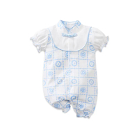 【JoyNa】短袖包屁衣 短袖寶寶連身衣 淺藍花格款 嬰兒服(造型款.春夏短袖)