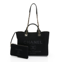 CHANEL香奈兒 23B Deauville 經典雙C LOGO藤織帆布金鍊手提肩背沙灘/托特包 (黑色)