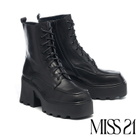 短靴 MISS 21 霸氣少女純色綁帶大方頭高跟厚底短靴－黑