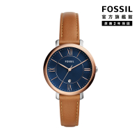 【FOSSIL 官方旗艦館】Jacqueline 經典藍面羅馬數字女錶 棕色真皮錶帶 指針手錶 36MM ES4274(母親節)