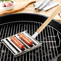 Hot Dog Roller Rack, Stainless Steel Outdoors BBQ Sausage Grill Pan With Long Wood Handle,New Barbecue Tools