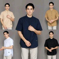 Kemeja Koko Pria Lengan Pendek KEMKO Polos Katun Linen Premium Muslim Dewasa Atasan Baju Panjang Tan