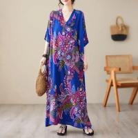 Gaun Pantai, Leher V, Bahan Sutera Kapas, Saiz Besar, Longgar, Gaya Percutian Artistik, Jubah Panjan