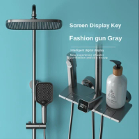 Gun Gray Intelligent Digital Display Shower Faucet Set Piano Button Bathroom Pressurized Bath Shower Head Lifting with Spray Gun