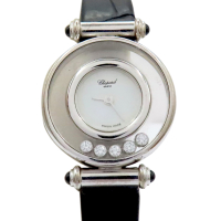 【二手名牌BRAND OFF】Chopard 蕭邦 白色錶盤 皮帶 5PD 18K金 Happy Diamonds 腕錶 4112/1
