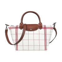 LONGCHAMP LE PLIAGE TORCHON奔馬LOGO格紋棉布短把拉鍊斜背水餃包(白x紅)