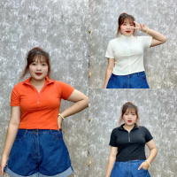 Áo Kiểu Croptop Bigsize Nữ Tay Ngắn Có Khóa Kéo,Áo Thun Mùa Hè Tôn Dáng Chất Dệt Kim Thun Gân Co Giã