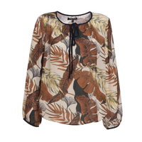 เสื้อชีฟองลายดอกไม้ผูกโบว์คอ รุ่น L5-1131TL-BR สีน้ำตาล