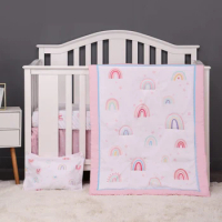 pink rainbow 4 pcs Baby Crib Bedding Set for Girls and boys including quilt, crib sheet, crib skirt,pillow case
