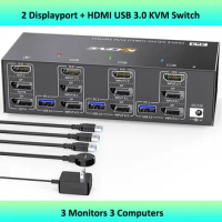 2 Displayport + HDMI USB 3.0 KVM Switch 3 Monitors 3 Computers, 8K@60Hz,4K@144Hz KVM Triple Monitor Keyboard Mouse Switcher