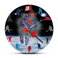 Typographic Hockey Player Silhouettes Wall Clock Sports Home Décor Ice Hockey Games Wall Art Hanging Wall Watch For Bedroom
