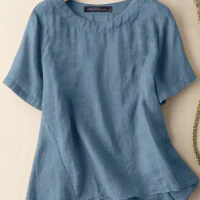 ZANZEA Fashion Solid Tops Summer Short Sleeve O-Neck Cotton Blouse Female Casual Loose Chemise Woman Home Wear Beach Shirts 2023