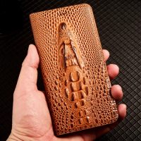 Crocodile Head Genuine Flip Leather Case For Xiaomi Redmi Note 5 6 7 8 8T 9 10 11 12 13 Pro Plus Phone Cover Cases