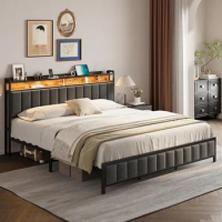 US King Bed Frame with Charging Station, Upholstered King Size Bed Frame with LED Lights Headboard, No Box Spring Needed