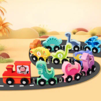 Wooden Building Blocks toys Dinosaur Train Set with Farm Animals Blocks Stacking Learning Educational Toys Children Gift