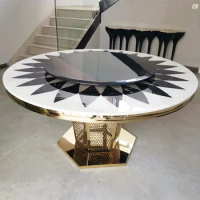 Modern minimalist restaurant round marble dining table stainless steel dining table for 4-6 people