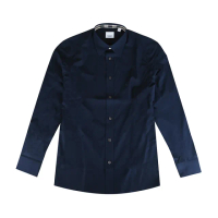 【BURBERRY 巴寶莉】BURBERRY刺繡戰馬LOGO領口格紋棉質混訪長袖襯衫(男款/海軍藍)