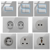 Grey Glass LED Switch 12 3 4 Post 12 Way Point Switch Self-resetting Power Socket Household Wall Light Switch