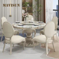 Fashionable American Style Kitchen Table With Round Turntable Stable Solid Wood Base Beautiful Textured Marble Dining Room Sets