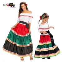 Eraspooky Traditional Folk Mexican Dress Women Girls Halloween Costume For Kids Mexico Carnival Party Family Dance Fancy Dress