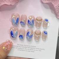 Handmade Fake Nails Press On Nails Blue Dream Mermaid Tail Design Acrylic Full Cover Nail Tips for Girls