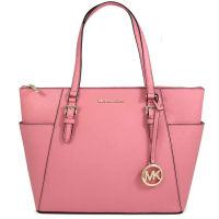 【Michael Kors】金字雙口袋防刮皮革肩背托特包(粉色)