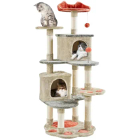 57.5″ Tall Cat Tree Paw-Shaped Play Tower for Small/Medium Cats, Beige cat tower cat tree