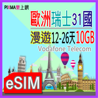 歐洲eSIM 歐洲31國上網10GB Vodafone瑞士 英國 義大利西班牙 亞塞拜然 法國捷克上網可通話12天~26天【樂上網】PIXMA