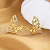 Vivid Animal Double Butterfly Stud Earrings For Women Gold Silver Color White Zircon Bridal Wedding Ear Studs Party Jewelry Gift