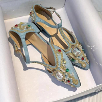 Luxury Embroidery Gem Rhinestone Pearls T-Strap Pointed Toe Pumps 2 cm Square Heel Colorful Crystal Mary Jane Shoes for Women