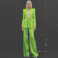 Tesco Green Blazers Suit For Women Streetwear Single Button Jacket And Hight Waist Pants Chic Pant Sets Women Outfits 2 Piece
