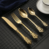 餐廳304餐具全套鍍金浮雕西餐金色銀色湯勺不銹鋼牛排刀叉三件套
