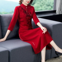 紅色改良版旗袍連衣裙女秋裝年新款氣質高貴中年媽媽結婚禮服