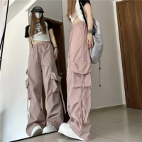 Women Korean High Waist Straight Width Big Pocket Cargo Loose Sports Pants Y2k Lady Wide Leg Joggers Trousers Baggy Sweatpants