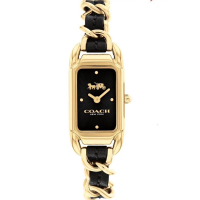 【COACH】官方授權C2 Cadie 時尚馬車黑色皮革鍊帶長方形女錶-約17.5x28.5mm-贈高級9入首飾盒(CO14504281)