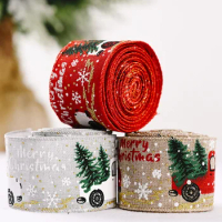 2M/5M Christmas Car Print Ribbon Merry Xmas Hemp Ribbons for DIY Christmas Gift Wrapping Supply Home Decoration Wreath Bows