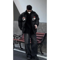 Black Trendy Brand Winter Thick Versatile Stand Collar Loose Unisex Cotton Jacket American Style Coo