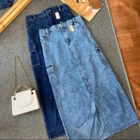 Rok Jeans Cargo Span Wanita Korean Style Kancing Karet Panjang Samping