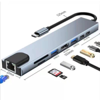 Type C Extender 8 in 1 USB HUB with HDMI Laptop Converter USB C to USB 3.0 2.0 Disk Ethernet Cable OTG Card Reader Charging Dock