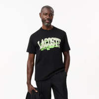 【LACOSTE】男裝-經典版型印花棉質針織短袖T恤(黑色)